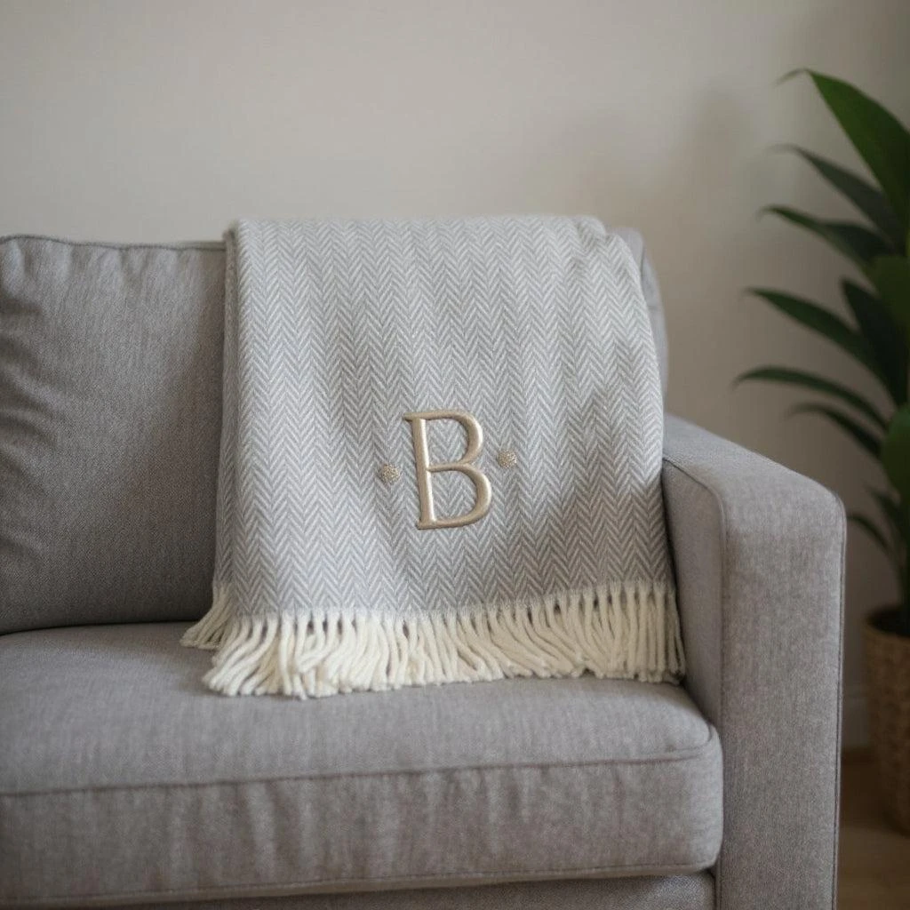 Hivvago 55" X 70" Gray And White Herringbone Cotton Blend B Initial Throw Blanket with Tassels And Embroidery 2
