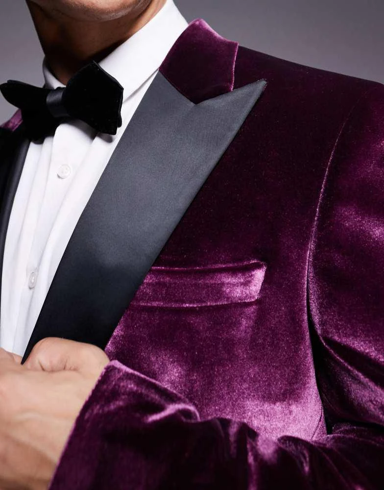 ASOS ASOS DESIGN slim velvet tuxedo blazer in burgundy 4