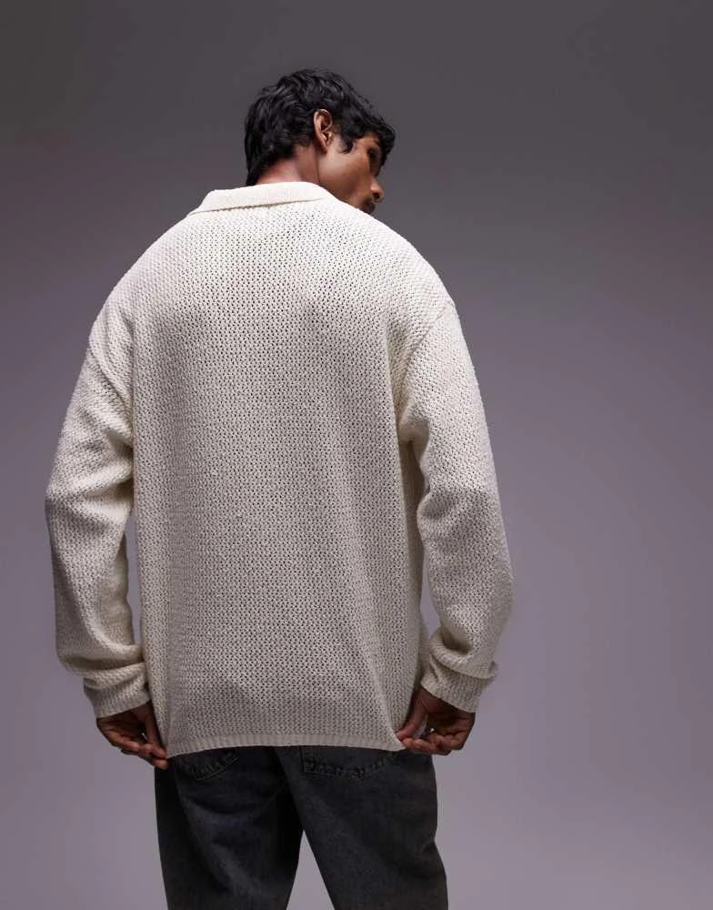 Topman Topman long sleeve open knit shirt in cream 3