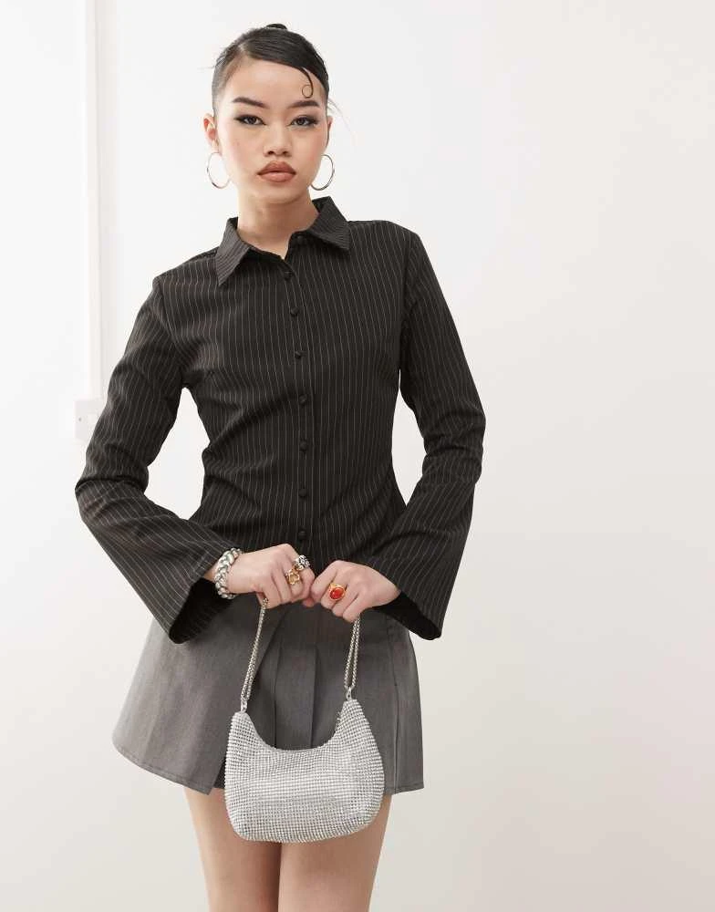 Princess Polly Princess Polly fitted flare sleeve shirt in charcoal pinstripe 1