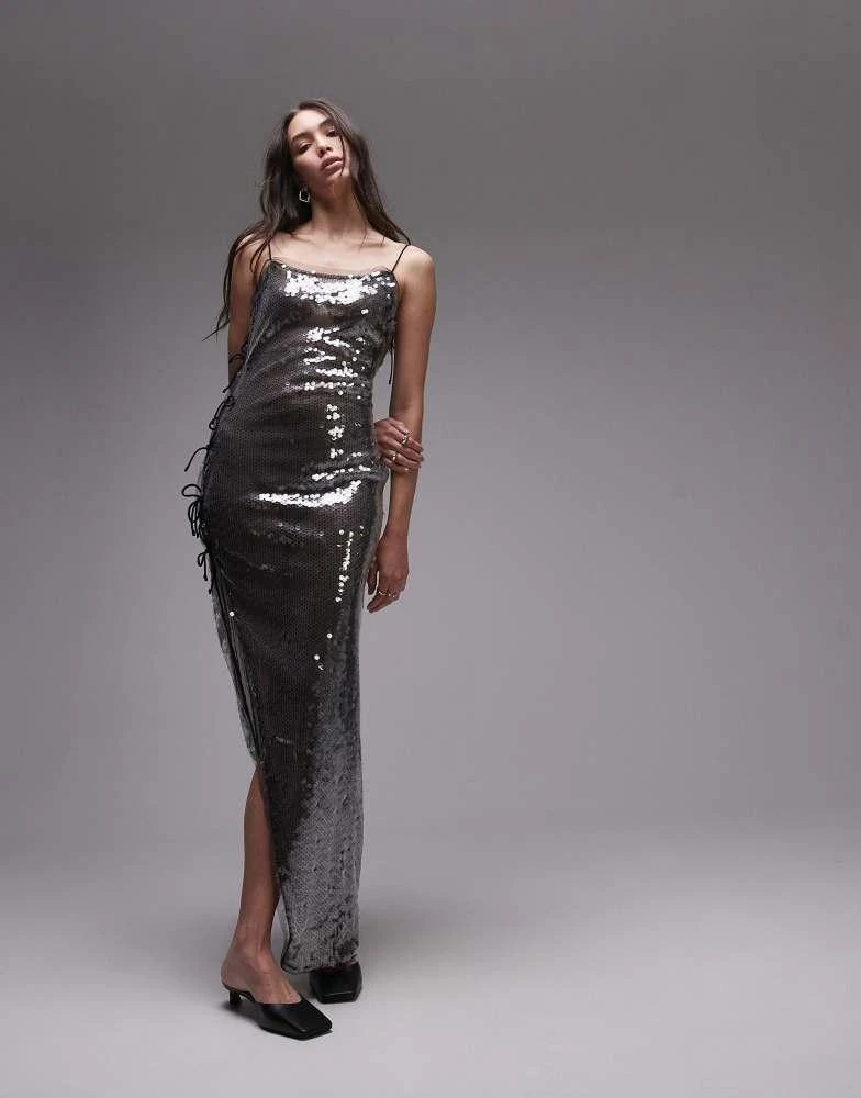 Topshop Topshop premium bow detail sequin midi dress in grey 3