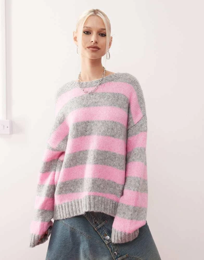Monki Monki crew neck knitted sweater in pink and grey stripe 1