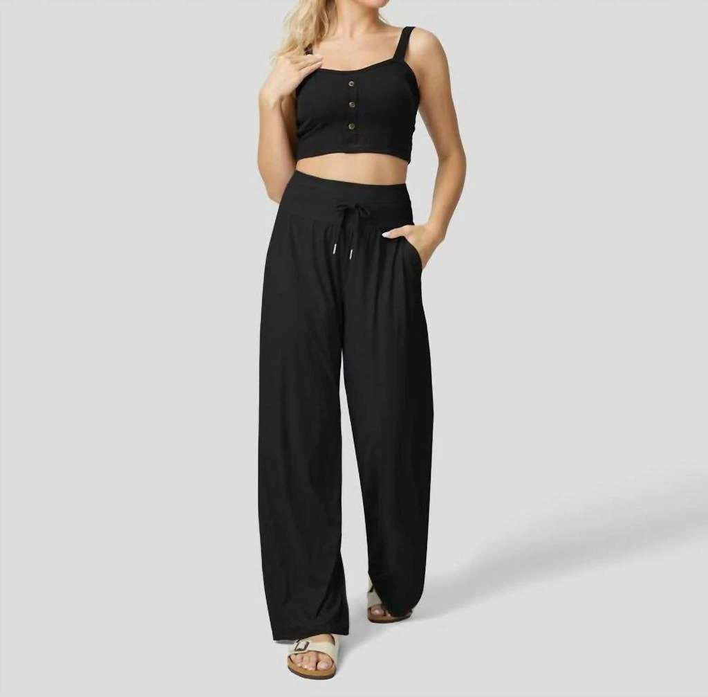 Halara High Waisted Drawstring Side Pocket Wide Leg Cool Touch Casual Pants In Black 2