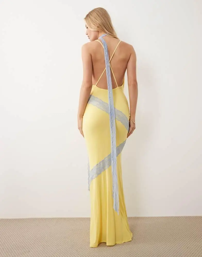 ASOS ASOS DESIGN lace cut about slinky maxi dress with scarf detail in lemon 4
