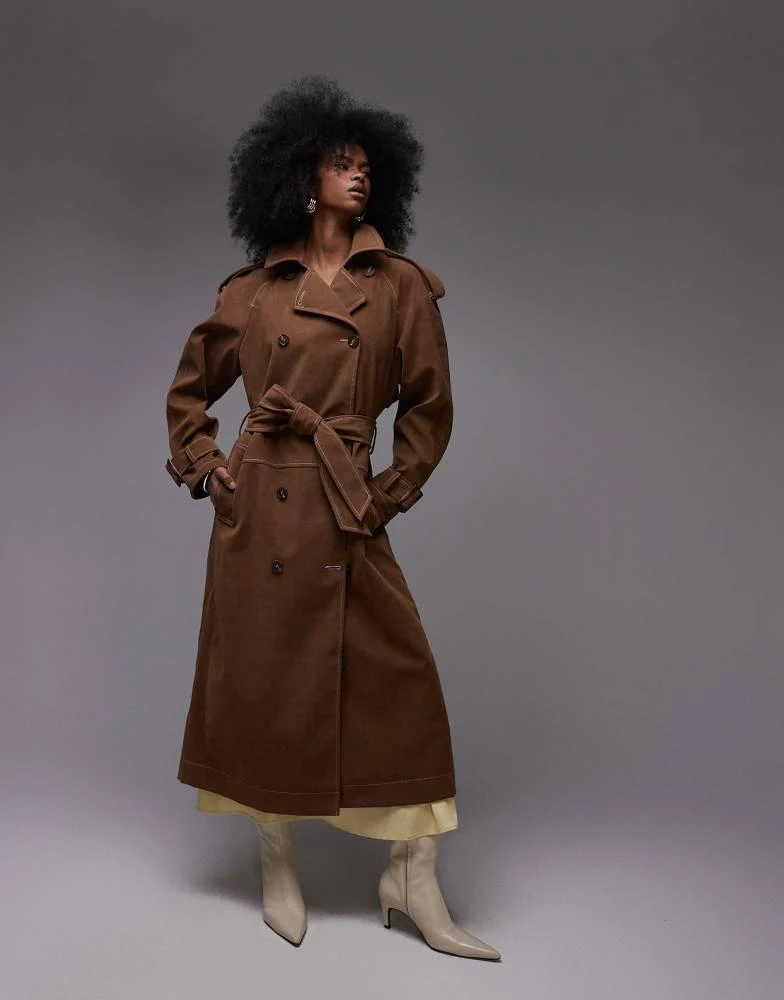 Topshop Topshop longline oversized faux suede trench coat in contrast stitch brown 2
