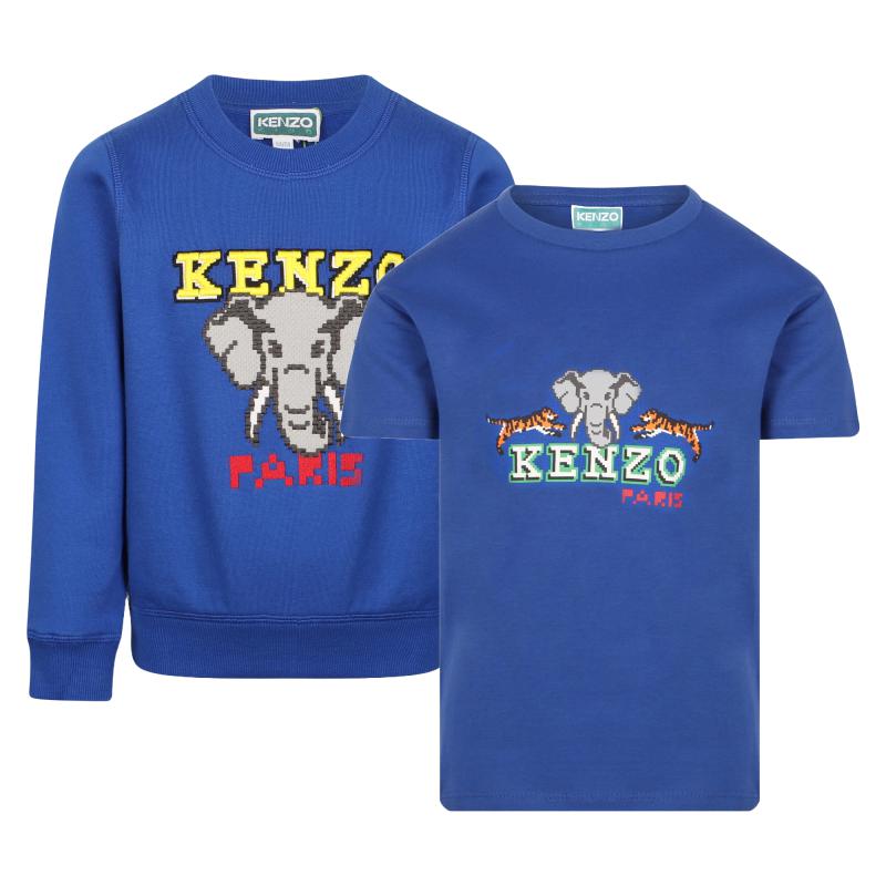 Kenzo Kids Yellow neon logo and elefant print royal blue sweatshirt and t shirt set
