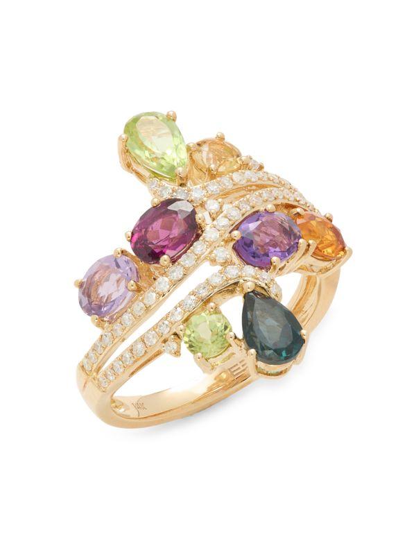 Effy 14K Yellow Gold, 0.28 TCW Diamond & Multi-Stone Cluster Ring