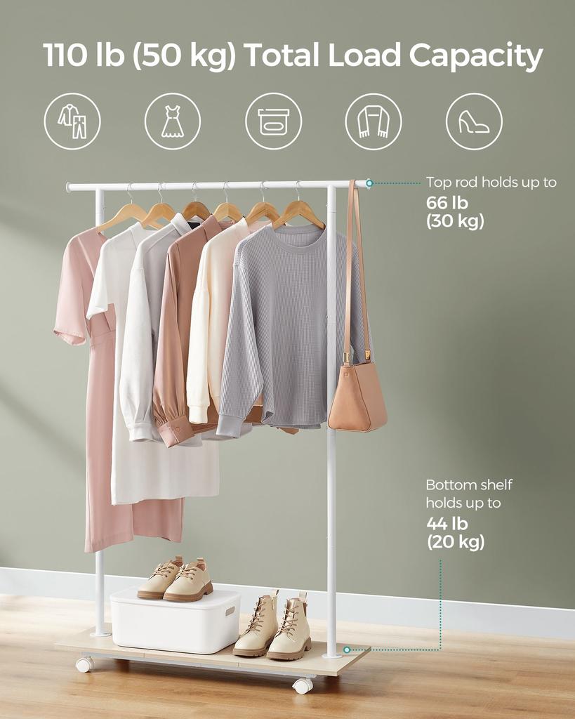 BreeBe 38.8" Wide Clothes Rack with Wheels Natural Beige and Cloud White