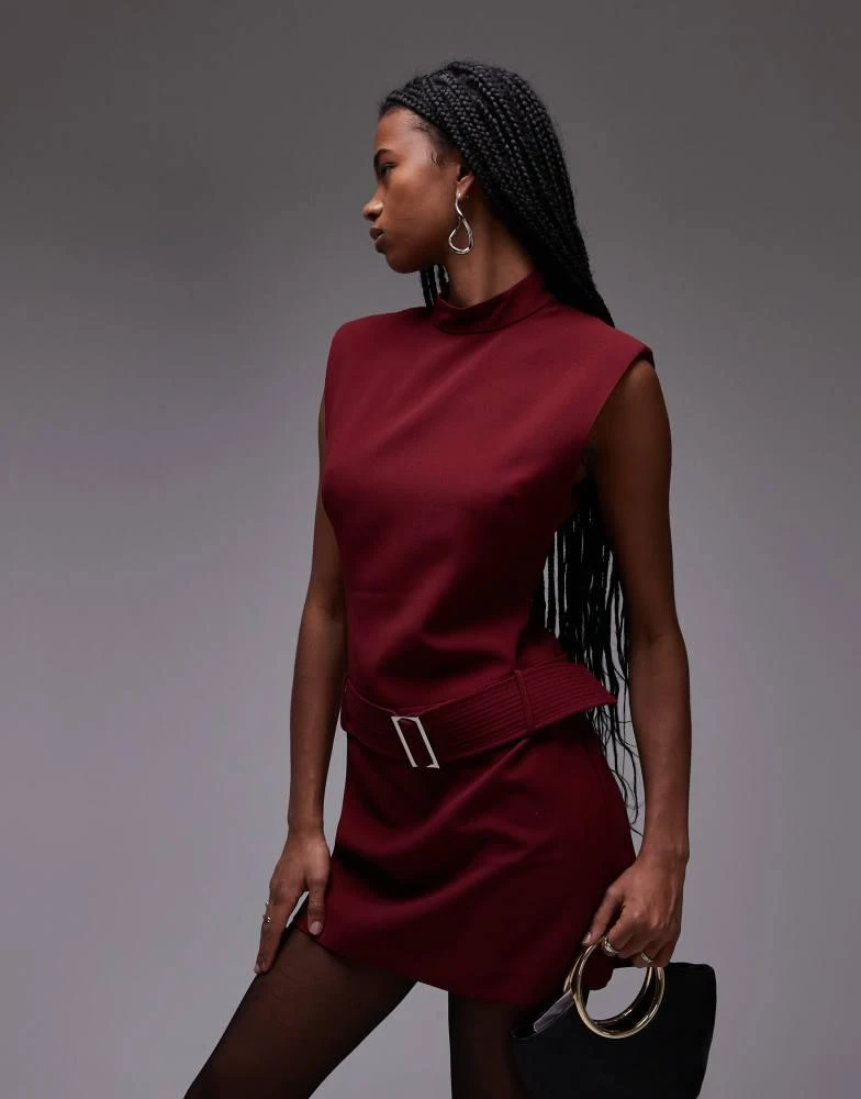 Mango Mango high neck belted mini dress in dark red 2