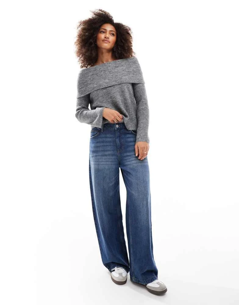 VERO MODA Vero Moda slouchy off shoulder jumper in medium grey melange 2