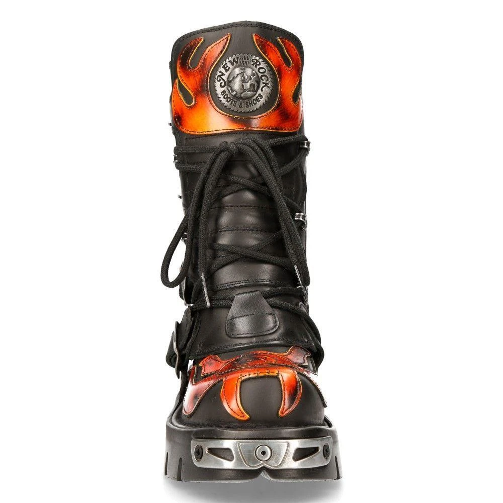 NewRock Flame Accented Black/Red Leather Biker Skull Boots- 107-S1 4