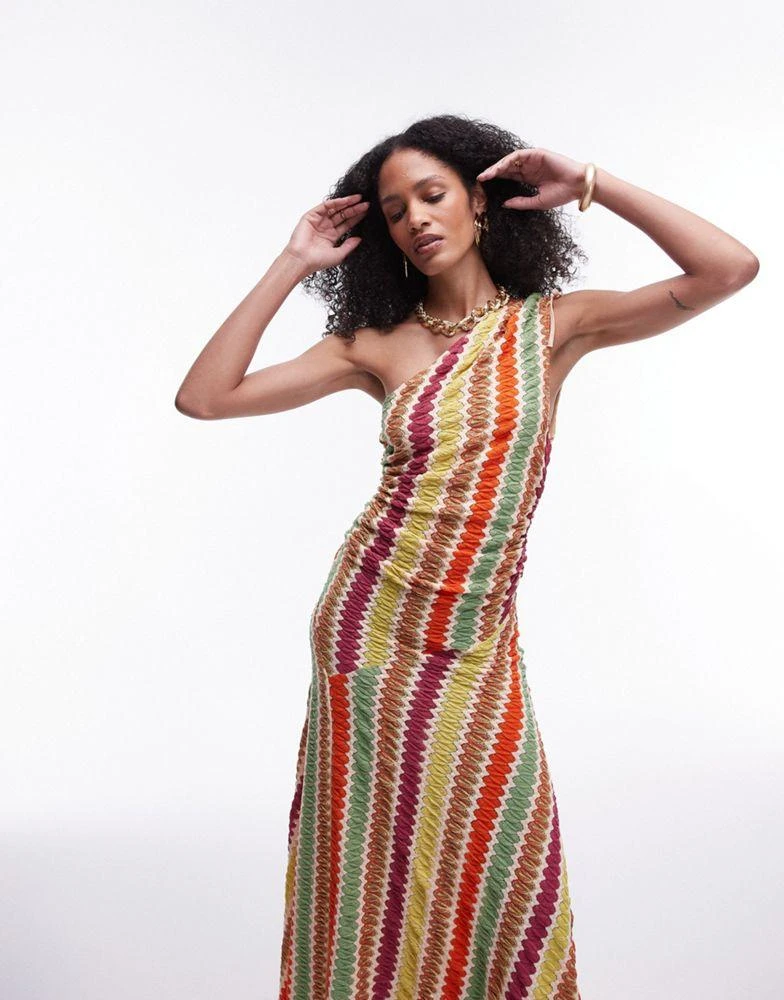 Topshop Topshop crochet one shoulder ruched side midi dress in multi stripe 2