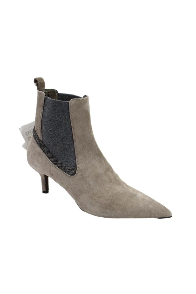 Brunello Cucinelli Womens Taupe Suede Beaded Pointed Toe Boots Shoes 1