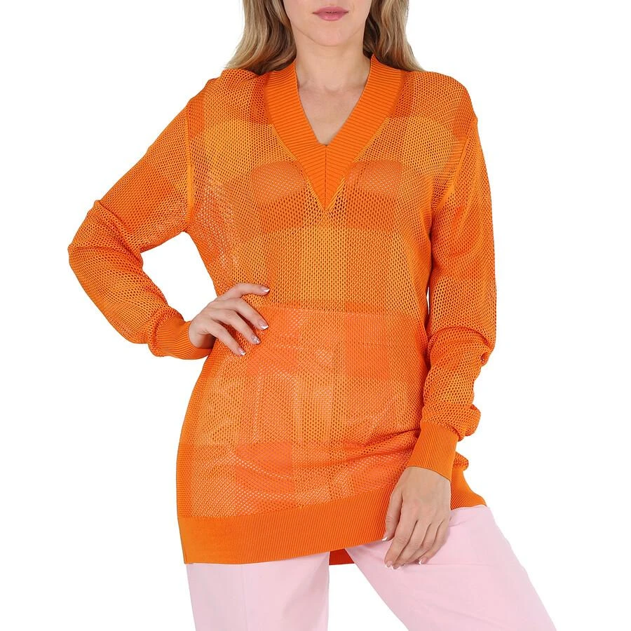 Burberry Ladies Deep Orange Zoie Check Mesh Lace V-Neck Jumper 1