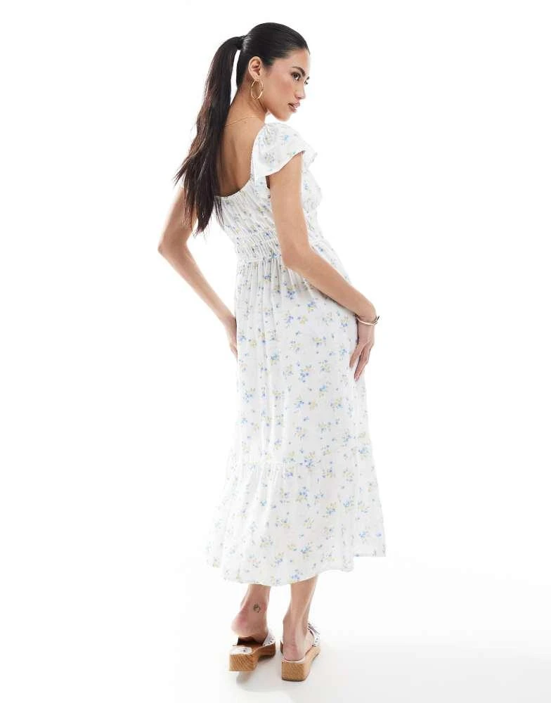 HOLLISTER Hollister short sleeve milkmaid midi slit dress in blue floral 4