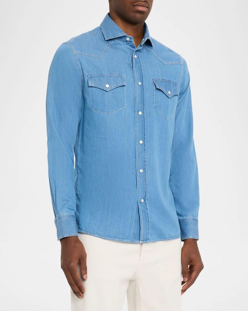 Brunello Cucinelli Men
s Lightweight Denim Easy-Fit Western Shirt 4
