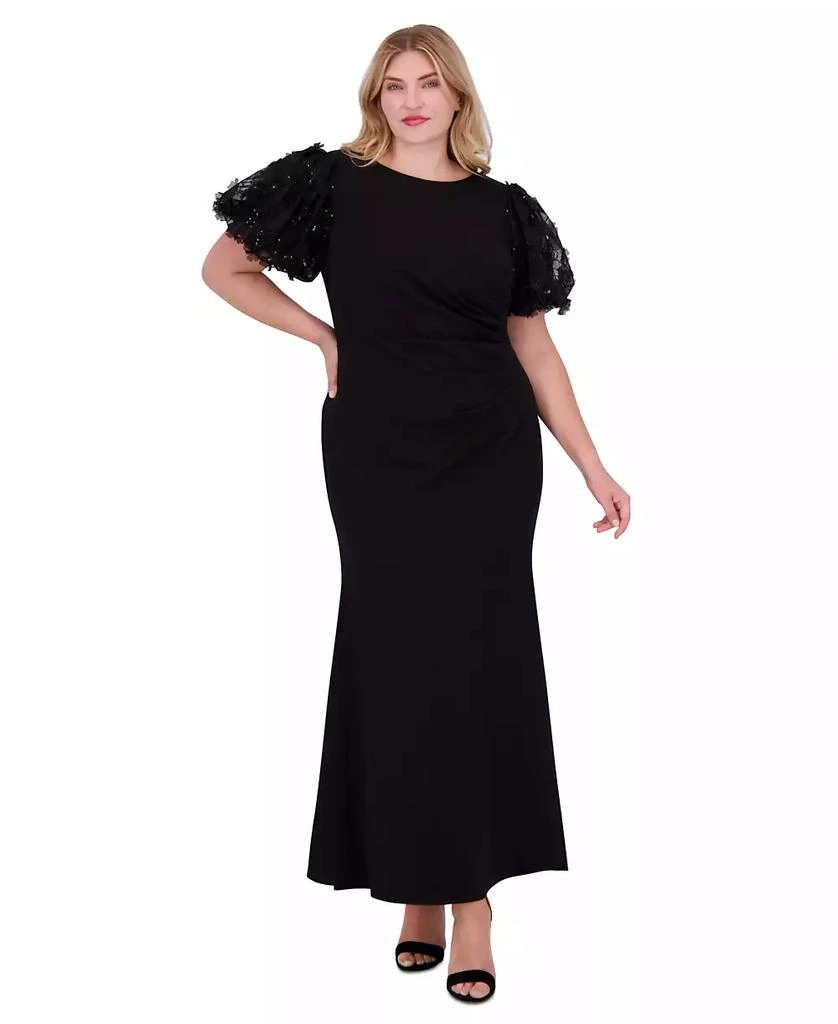 Eliza J Plus Size Floral-Short-Sleeve Boat-Neck Pleated Gown 1