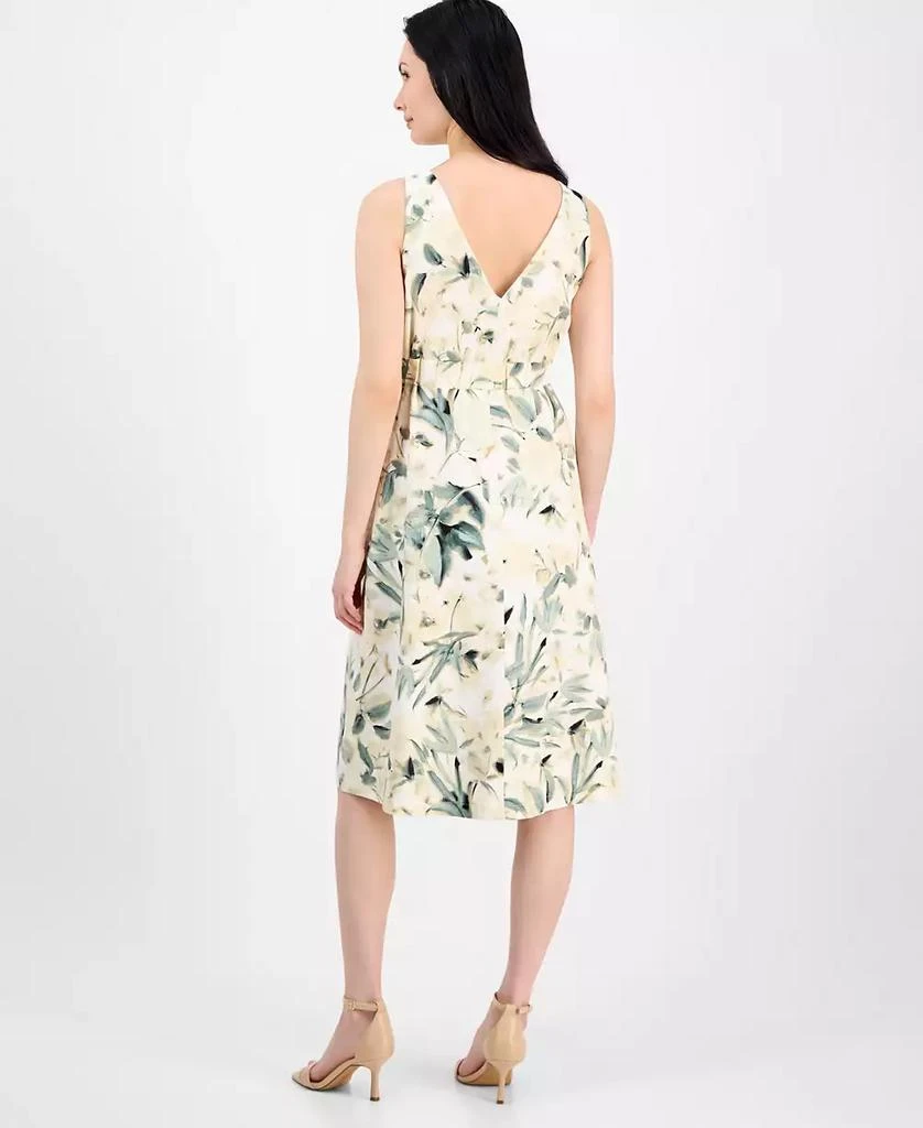 Anne Klein Women's Linen Blend Floral-Print Tie-Waist Sleeveless Dress 5