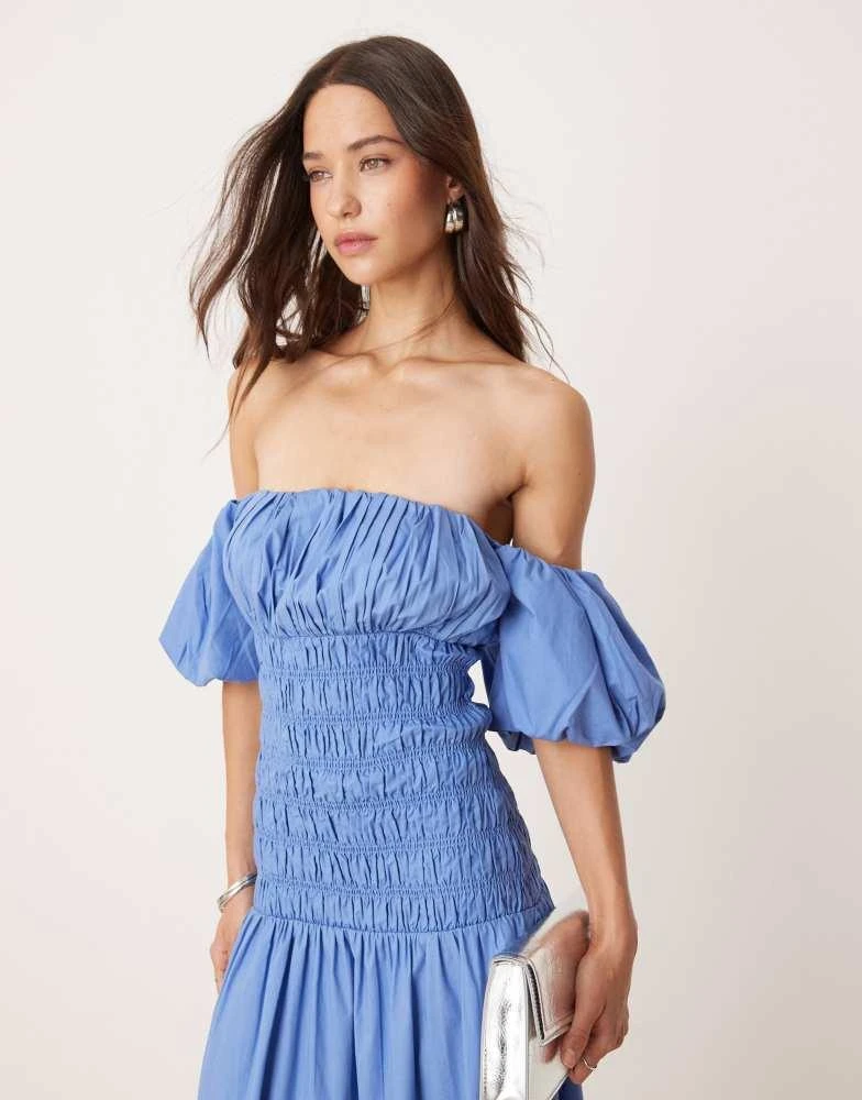 Abercrombie & Fitch Abercrombie & Fitch off the shoulder smocked low waist maxi dress in blue tile print 3