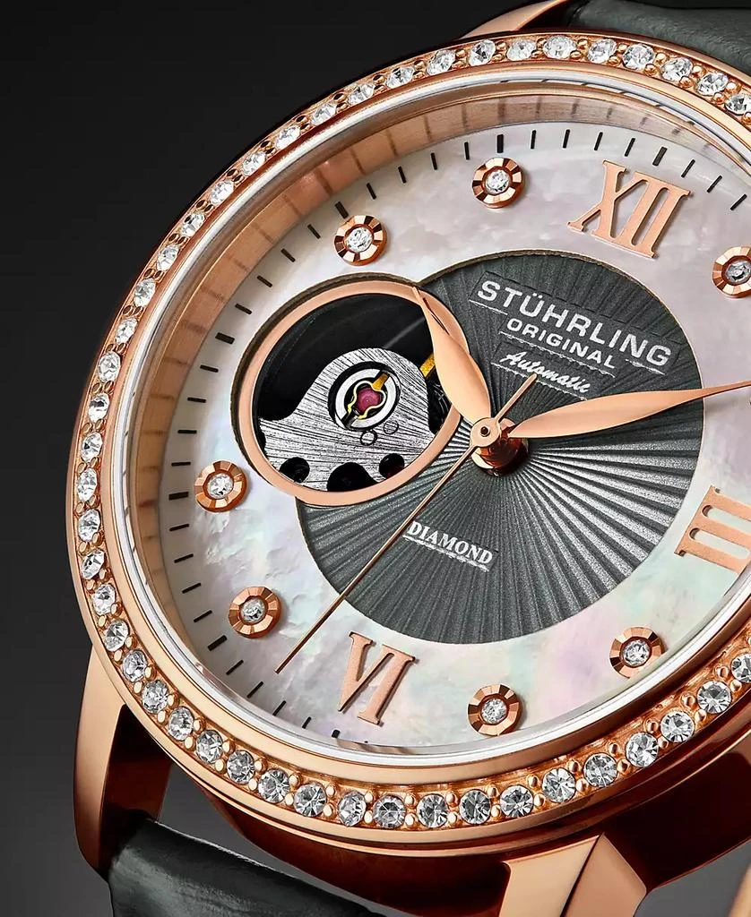 Stuhrling Women's Automatic Gray Alligator Embossed Genuine Leather Strap Watch 34mm 2