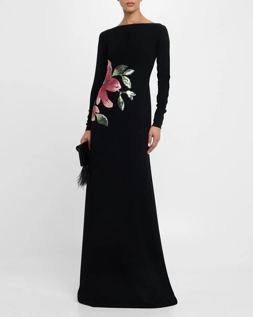 Naeem Khan Floral Beaded Crepe Long-Sleeve Trumpet Gown 2