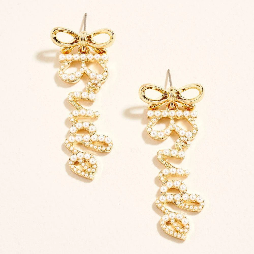 FASHNZFAB Bow Script Pearl BRIDE Message Drop Dangle Earrings