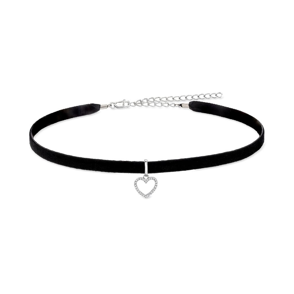 Ross-Simons Ross-Simons Diamond Heart Choker Necklace With Sterling Silver and Black Velvet Cord