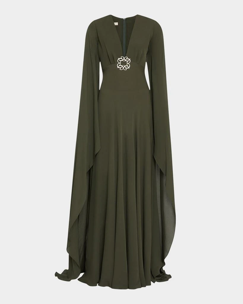 Elie Saab Plunging Crystal Cape-Sleeve Silk Gown 1