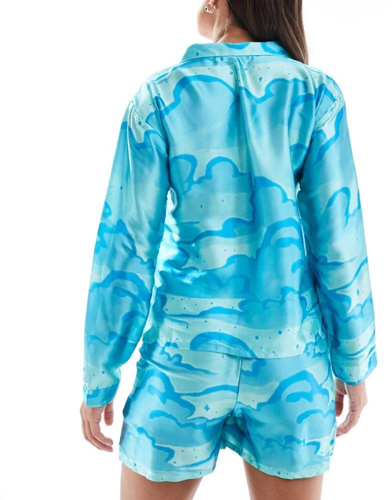 Luna Luna cloud print long sleeve satin revere pyjama set in blue 3