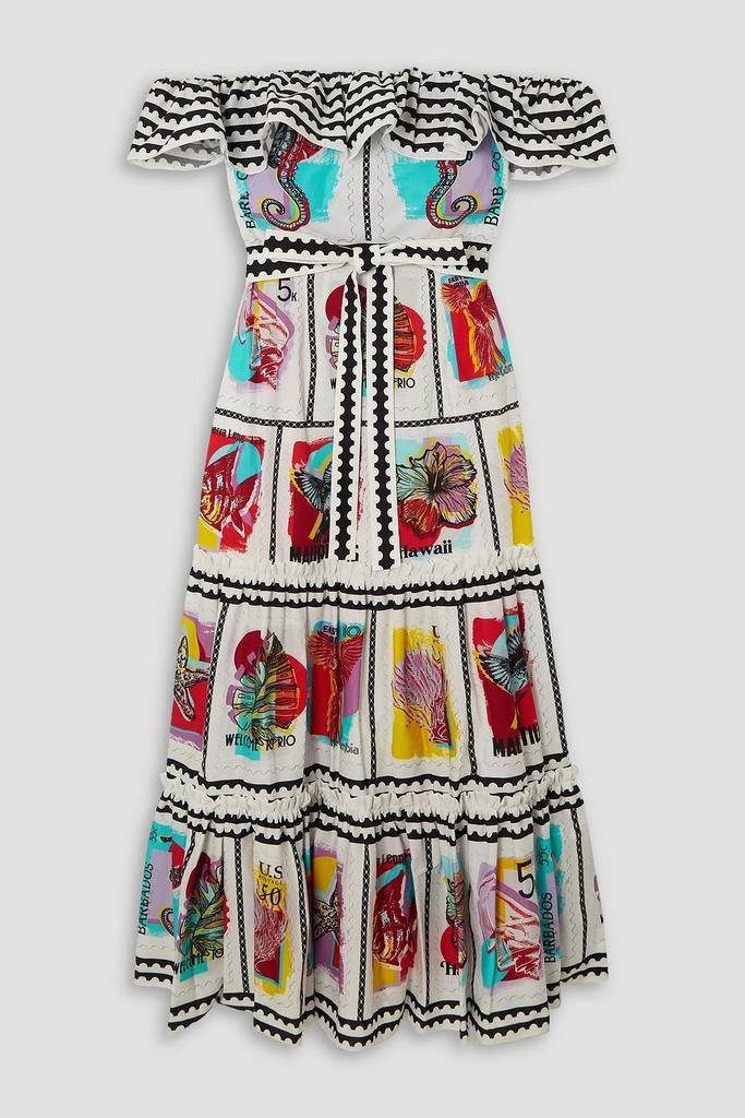 MARY KATRANTZOU Cannes off-the-shoulder tiered printed cotton-blend midi dress 1