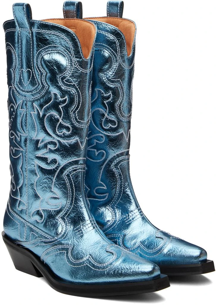 Ganni Blue Metallic Mid Shaft Embroidered Western Boots 4