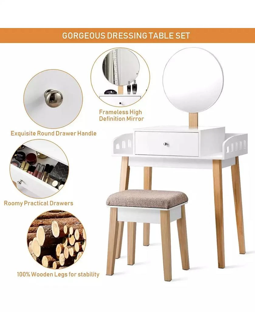 Volenca 2-Pc. Wood Mirror Vanity Dressing Table Set with Drawer 4