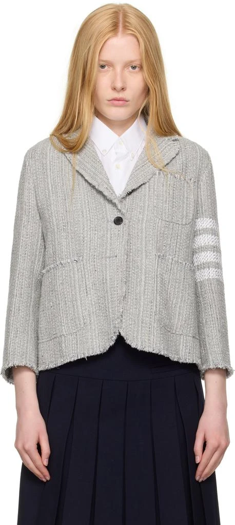 Thom Browne Gray Tweed Fray 4-Bar Cropped Sack Blazer 1