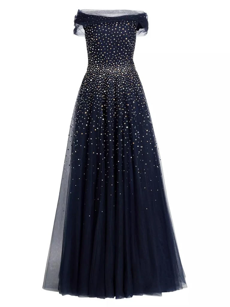 sachin and babi light blue dress Marchesa Off-Shoulder Hand Draped Metallic Gown with Slit