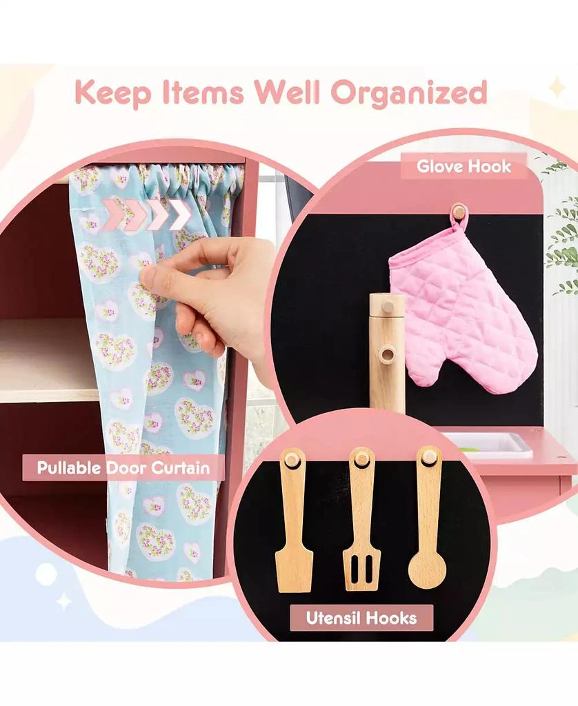 HONGGE Wooden Play Kitchen for Kids with Door Curtain and Cooking Accessories - Pink 8