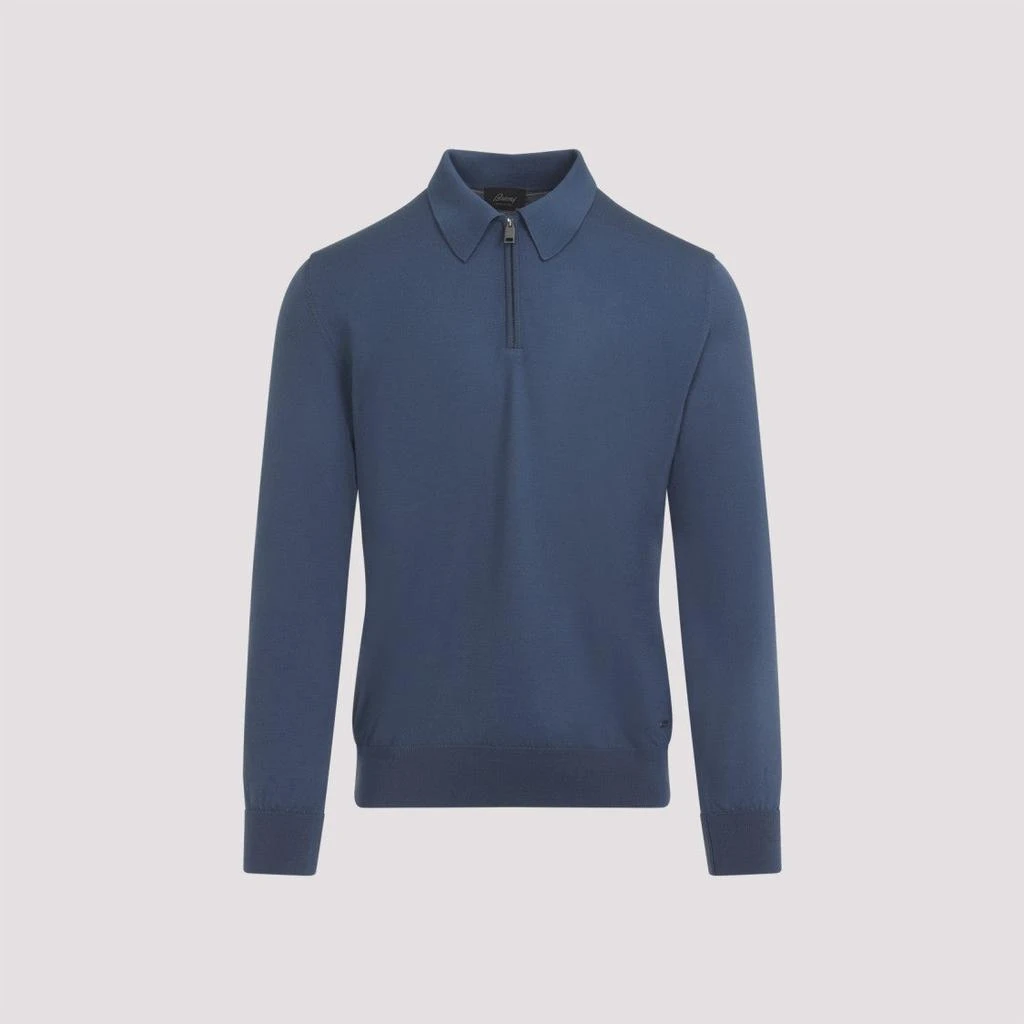 Brioni Nile Blue Wool Long Sleeves Zip Polo 2