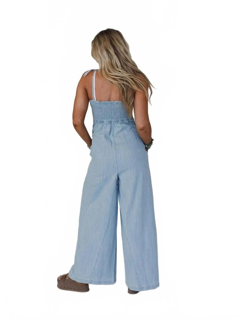 three bird nest Light Washed Smocked Cotton Jumpsuit In Blue 2