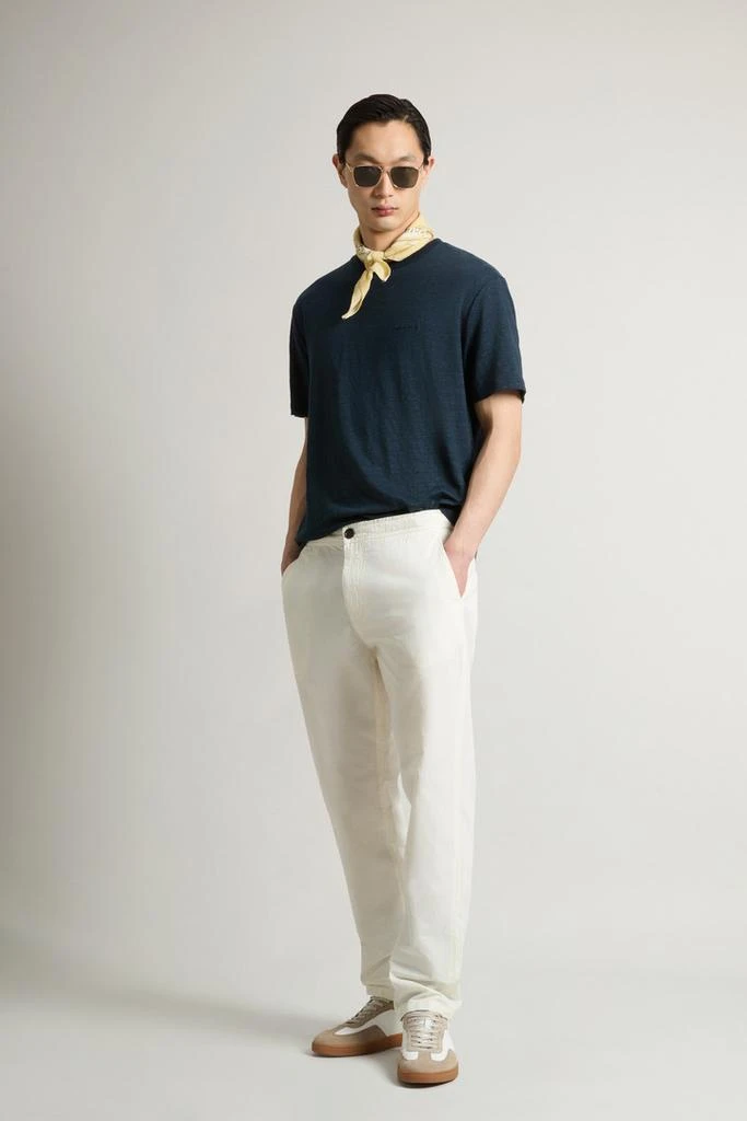 Woolrich Pure Linen T-Shirt with Embroidered Logo - Men - Blue 3