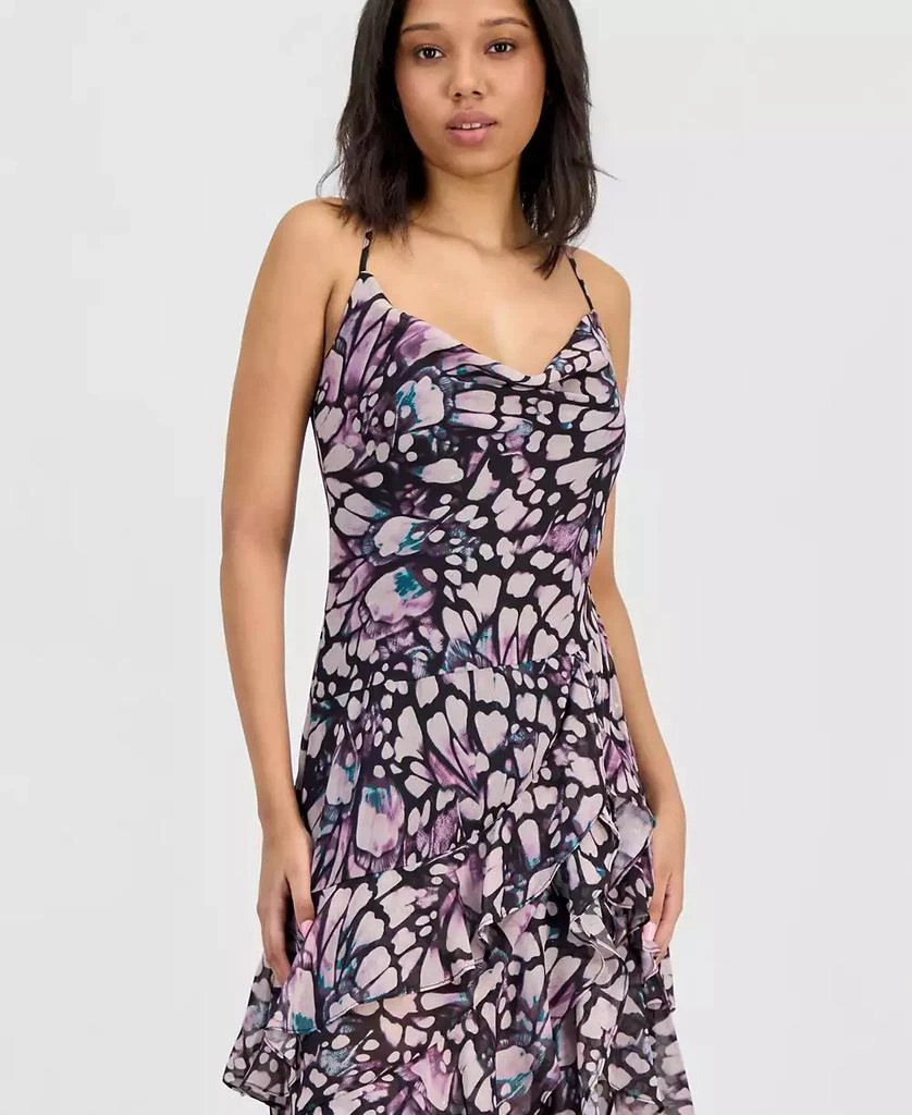 14th Place Juniors' Chiffon Asymmetrical Sleeveless Printed High-Low Dress - BLACK/PURPLE/MULTI - Size XL