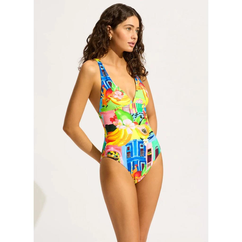 Seafolly Cuba Swimsuit Women's Turquoise Stretch Deep V-Neck One Piece RED289 3