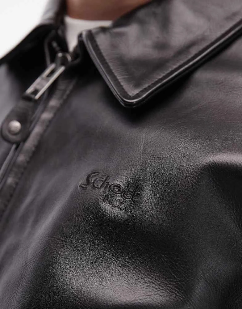 Schott Schott premium  real leather collar detail bomber jacket in black 5