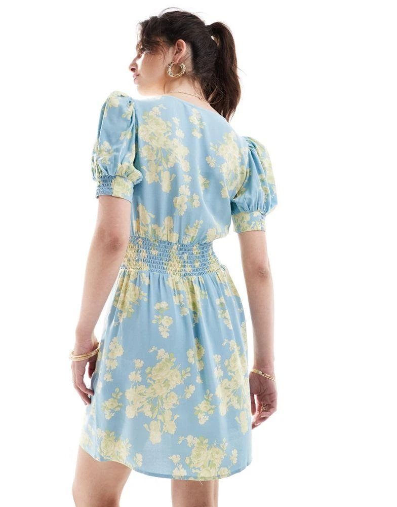 ASOS ASOS DESIGN milkmaid tie up mini dress in blue floral print 4
