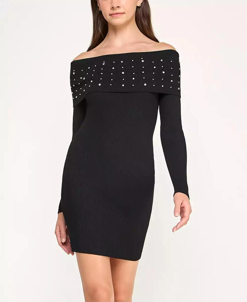 Shop Juniors Off The Shoulder Rhinestone Fitted Sweater Dress on Sale at  BeyondStyle  Get 69% Off Juniors Off The Shoulder Rhinestone Fitted  Sweater Dress with Limited-Time Flash Deals, Exclusive Discounts, and