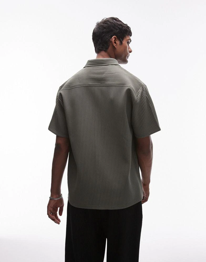 Topman Topman short sleeve button through plisse shirt in khaki 4