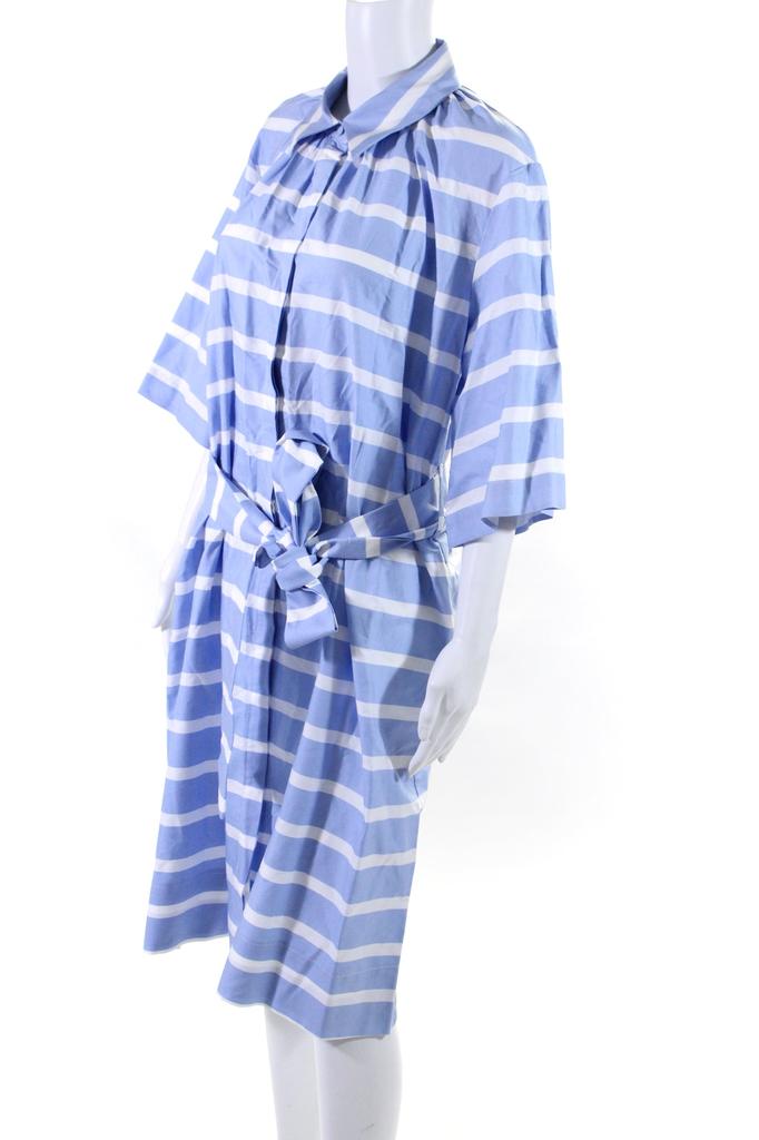 Designer Milva Mi Womens Striped Short Sleeve Button Down Belted Shift Dress Blue