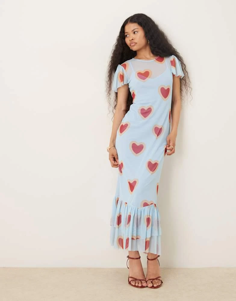 Never Fully Dressed Never Fully Dressed Petite mesh flutter sleeve ruffle  hem maxi dress in baby blue heart print - Dresses & Skirts - Free Shipping  - BeyondStyle