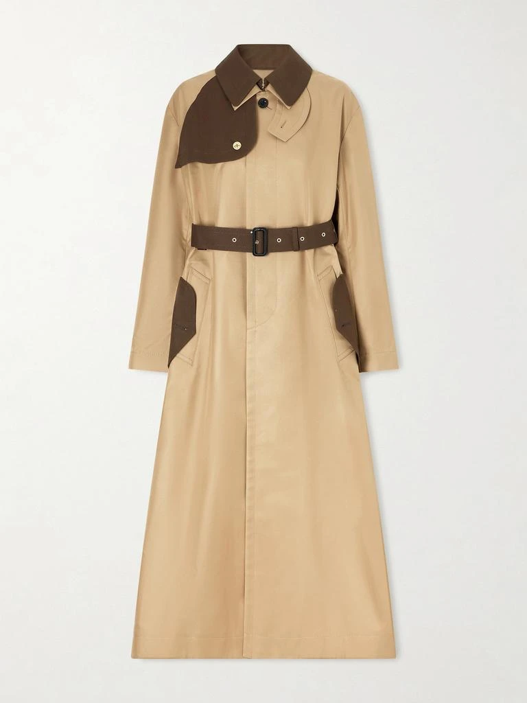 Sacai Belted Two-tone Cotton-blend Gabardine Trench Coat - Beige