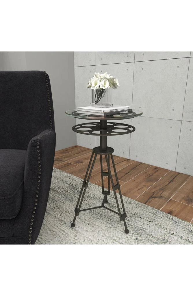 SONOMA SAGE HOME Black Metal Film Reel Accent Table with Tripod Legs and Glass Top 7