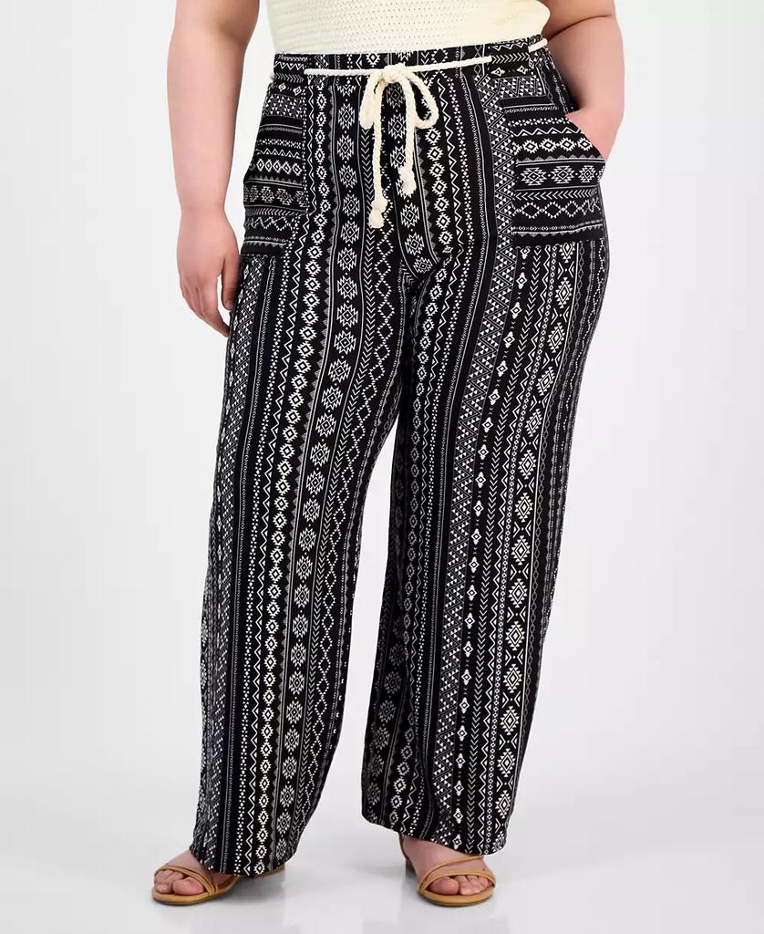 Derek Heart Trendy Plus Size Printed Rope-Belt Stretch Pants