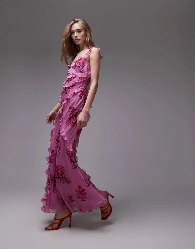 Topshop Topshop ruffle cami slip maxi dress in pink based floral 1